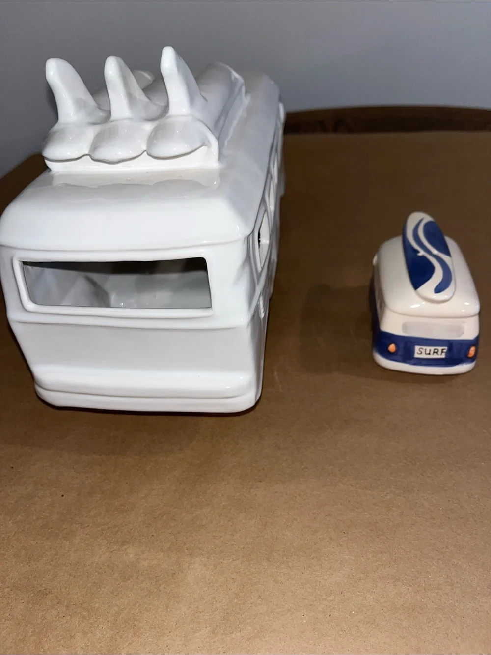 White Ceramic Surf Van and Blue Ceramic Camper -
